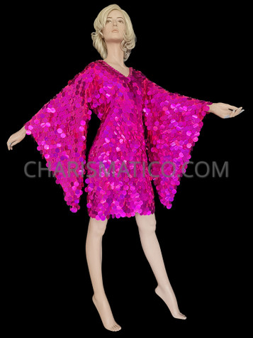 Fuchsia Jumbo Sequin Drag Queen Mini-Dress With Wing Sleeves