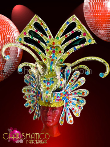Bejeweled Golden glitter drag queen headdress with mirror tile accents