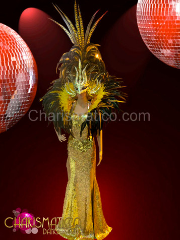 Gold sequin pageant gown with matching yellow collar and mask headdress