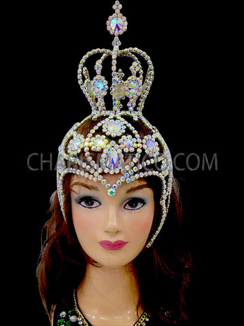 Rhinestone And Iridescent Crystal Swirled Cap Mini Crown Showgirl's Headdress