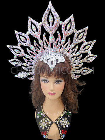 Silver Glitter And Mirror Tiled Sun-Burst Halo Headdress With Iridescent Crystals