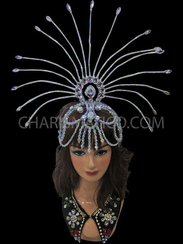 Sheer Silver Openwork Beaded Cap Styled Showgirl's Cabaret Sun Headdress