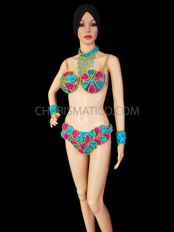 Blue And fuchsia SequinFloral Patterned Gogo Bra And panties