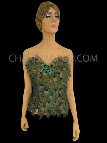 Bust Enhancing Diva's Strapless Natural Iridescent Peacock Feather Corset Top