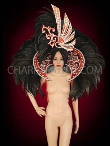 Black Red Showgirl Drag Queen Feather Headdress And Backpack