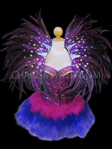 Show Girl Burlesque Gold Sequined Crystal Corset With Red Feathers Skirt