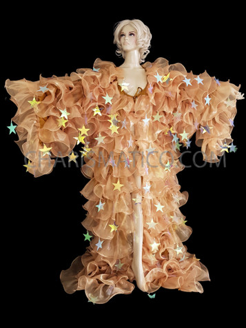 Gold Organza Drag Queen Ruffle Coat With Star Sequin