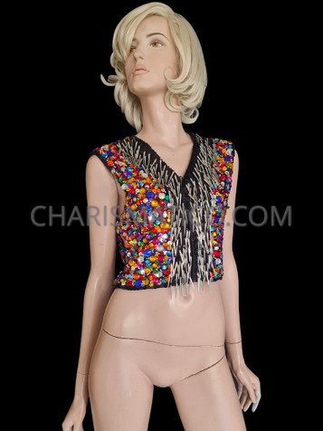 Rainbow Crystal Crusted Showgirl's Half Vest With Silver Beaded Accents
