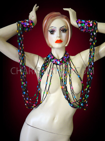 Black Beaded Connected Collar And Cuffs With Rainbow Crystal Accents