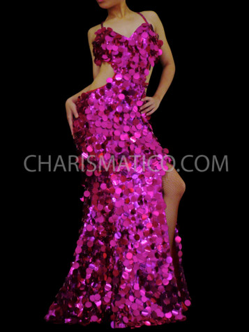 Jumbo Sequin Covered Fuchsia Pageant Gown With Halter Style Fitting