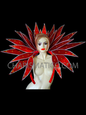 Red Glitter Leaf-Style Collar With Mirror Tiles And Amber Accents