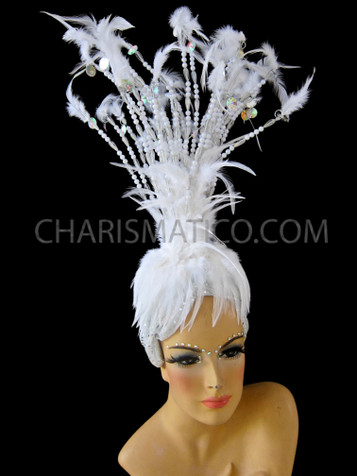 Burlesque Styled Small Beaded White Showgirl's Cabaret Marabou Feather Headdress