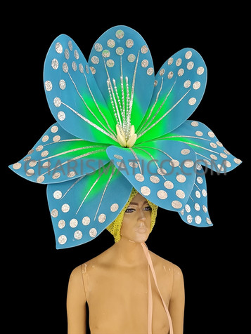 Exotic Blue and Green Flower Headdress with Glittery Silver Accents