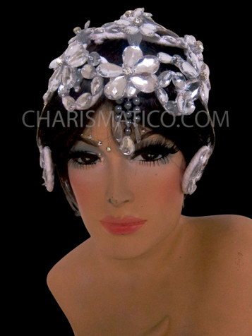 Open Work Teardrop Crystal Beaded Showgirl Diva's Cabaret Cap Style Headpiece