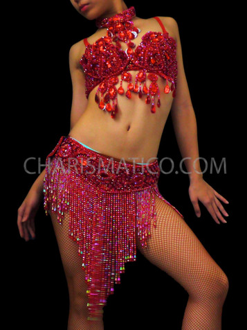 Sexy Ruby Red Iridescent Beaded Bra And Matching Fringed Belt