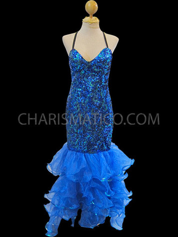 Royal Blue Sequined Mermaid Pageant Gown With Shimmering Organza Ruffles