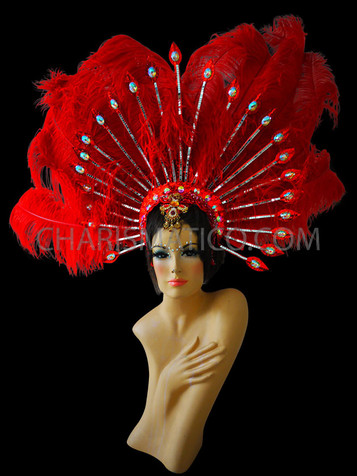 Red Showgirl Diva Ostrich Feather Cabaret Headdress With Iridescent Crystals