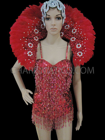 Showgirls Beaded Sleek Red Leotard And Classic Feather Collar Backpack