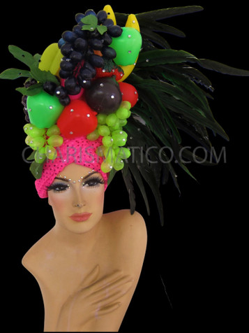 Carmen Miranda Fruit Headdress With Pink Cap And Green Feathers