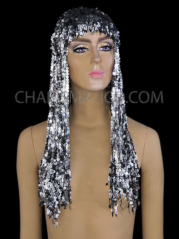 Cher Inspired Metallic Silver Black Sequin Long drag queen Wig