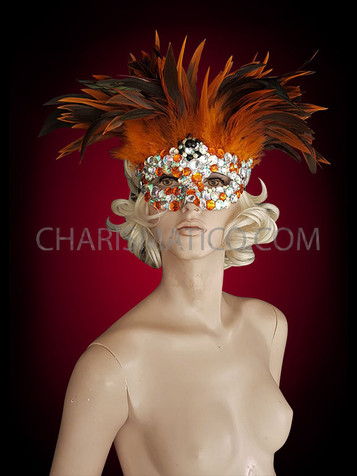 Amber And Crystal Crusted Diva's Carnival Mask With Orange Feathers