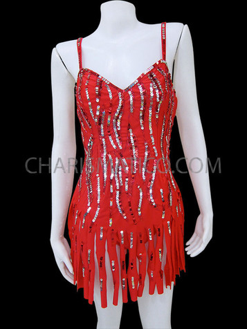 Diva's Red Self Fringed Latin Dance Dress With Sequin Highlights