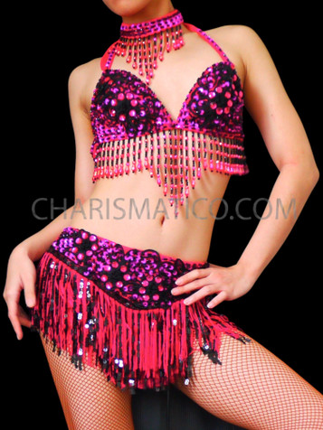 Sequin Cabaret Dance Costume Bra with Beaded Accents - HOT PINK / FUCHSIA