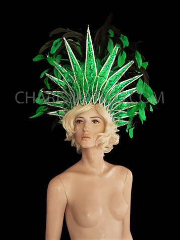 Green Glitter Based Headdress With Emerald Crystals And Forest Green Feathers