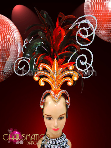 Orange Red Glitter Based Headdress With Crystal Bead Swirls And Dark Red Feathers
