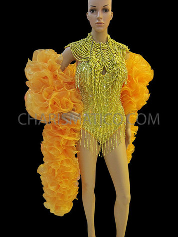 Yellow Beaded Leotard With Matching Gothic Diva Necklace And Organza Boa