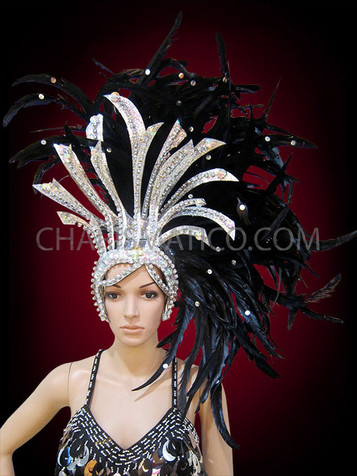Asymmetrical Drag Queen Iridescent Silver Accented Black Feather Showgirl Headdress