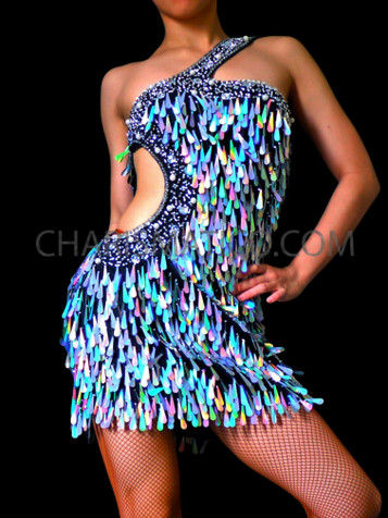 Diva's Asymmetric Sexy Side Cutout Teardrop Sequin Latin Dance Dress