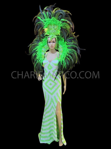 Green And White Pageant Gown With Matching Headdress And Backpack