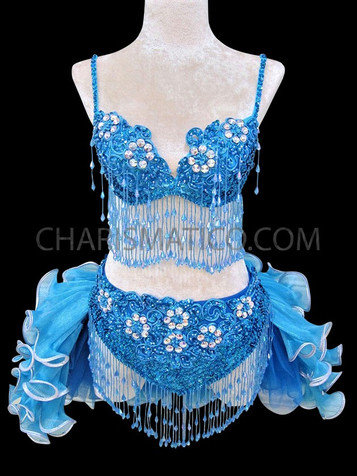 Blue Bra Thong And Tail-Skirt Mambo Salsa Mambo Dance Set