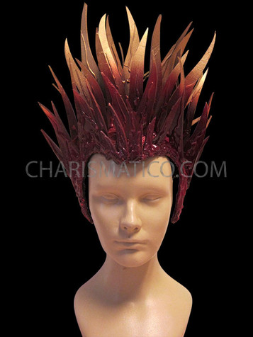 Stunningly Unique Gold Tipped Red Sequin Flame Styled Diva's Headdress