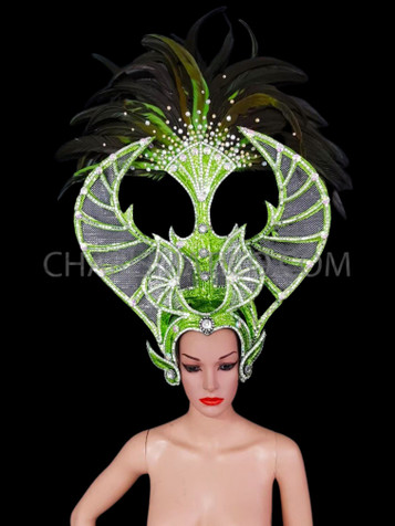 Green Wire Mesh Horn Styled Headdress With Crystal Accented Feathers