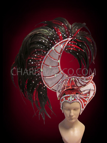 Asymmetrical Silver Mesh Red And Black Feather Diva Showgirl's Headdress