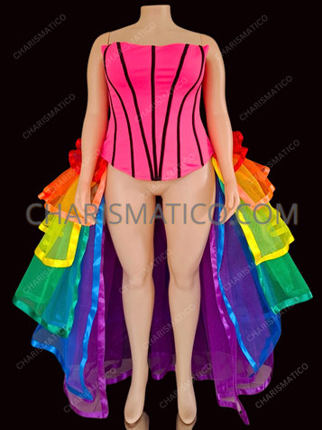 Neon Pink Corset with Rainbow Pride Layered Tail Skirt