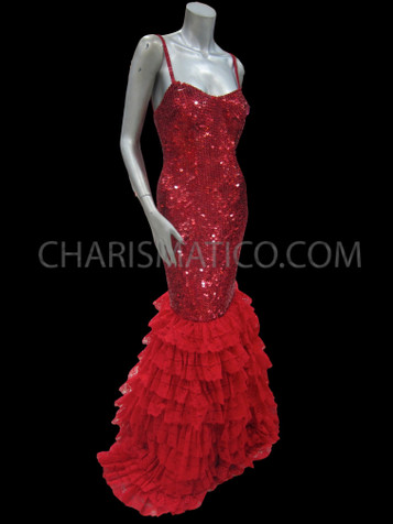 Diva's Metallic Red Sequin Mermaid Gown With Organza Ruffled Skirt