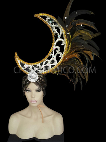 Black Dotted Turban Styled Crescent Moon Gold Feather Showgirl Headdress