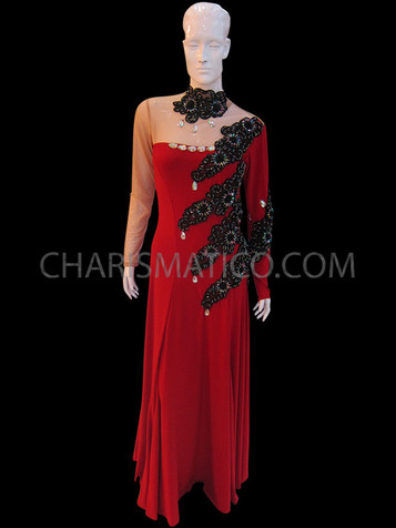 Sheer High Necked Red Ballroom Gown With Black Beaded Applique Accents