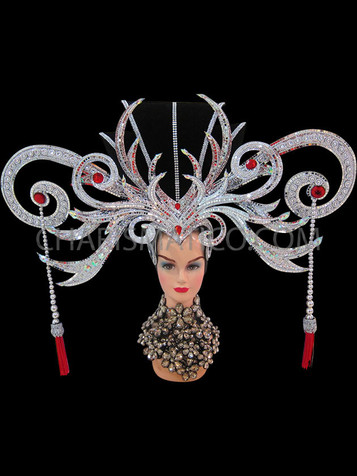 Ruby And Crystal Accented Mirrored Silver Bead Swirled Showgirl Headdress