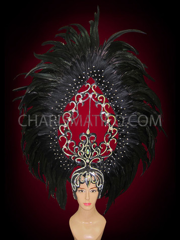 Large Openwork Swirl Iridescent Crystal Dotted Black Feather Diva Headdress