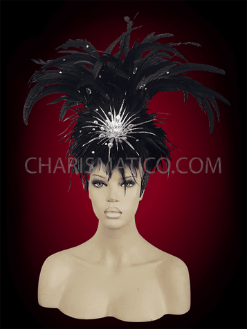 Silver Glitter And Iridescent Rhinestone Accented Black Feather Diva Headdress
