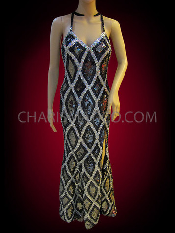 Sleek White Net Patterned Black And Silver Sequined Pageant Gown