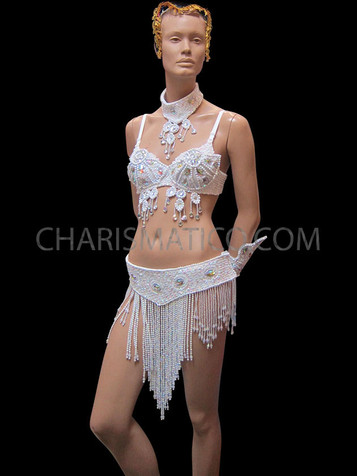 Rio Carnival Style Crystal Accented White Beaded Bra With Matching Belt