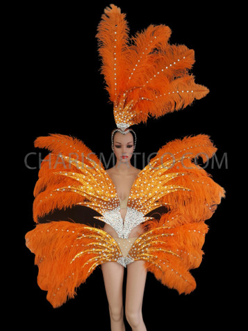 Bright Crystal Accented Orange Ostrich Plume Silver Glitter Cabaret Costume Set