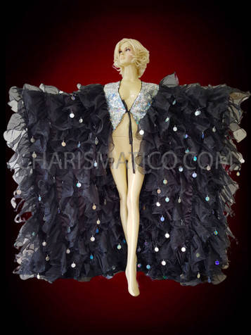 Black Organza Cabaret Magic Drag Queen Ruffle Wing Coat