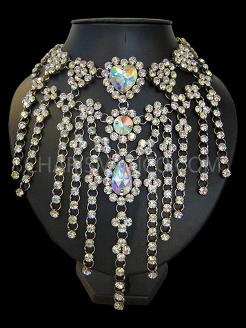 Rhinestone Fringed Heart Cluster Choker Style Iridescent Crystal Diva Necklace