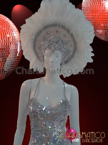 White Feather Headdress With Silver Bead Trim And Crystal Accents